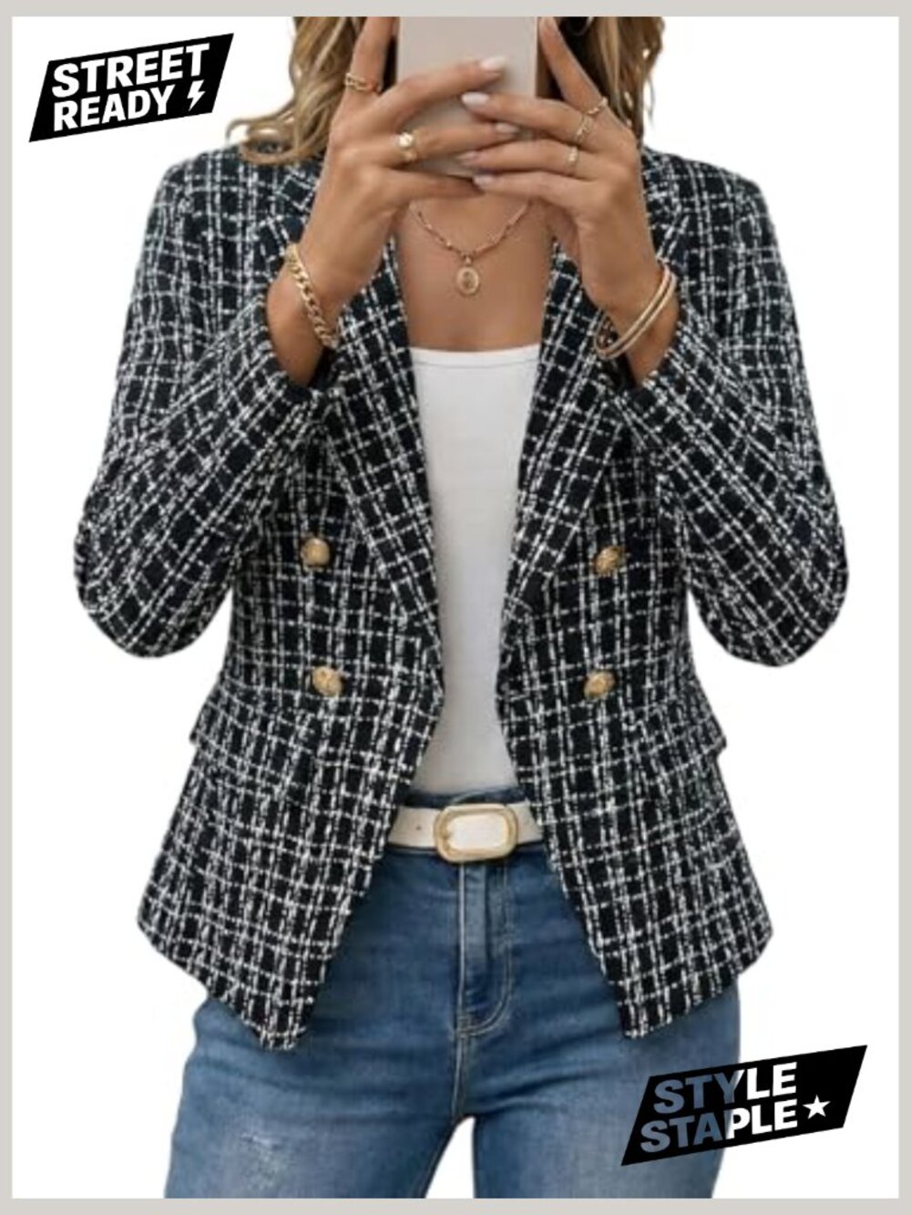 Double-Breasted Tweed Plaid Blazer Jacket for Women - Fully Lined Slim Fit - Picture 2 of 7
